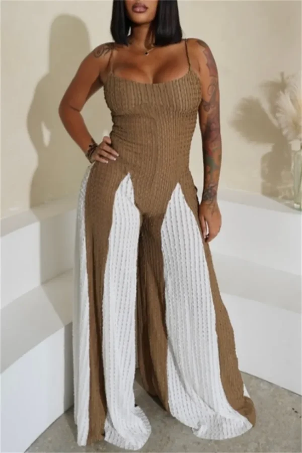 Casual Backless Contrast Spaghetti Strap Regular Jumpsuits