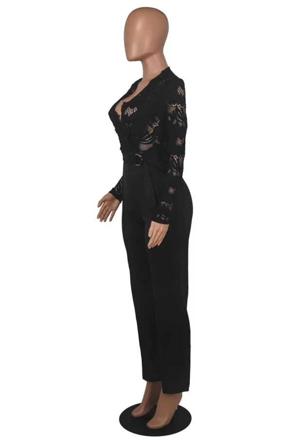 Casual Lace See-through With Belt Zipper V Neck Regular Jumpsuits
