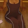 Casual Backless Contrast U Neck Skinny Jumpsuit