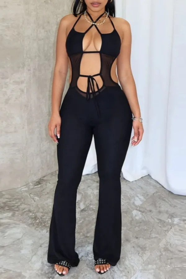 Black Sexy Hollowed Out Backless Halter Skinny Jumpsuits