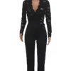 Casual Lace See-through With Belt Zipper V Neck Regular Jumpsuits