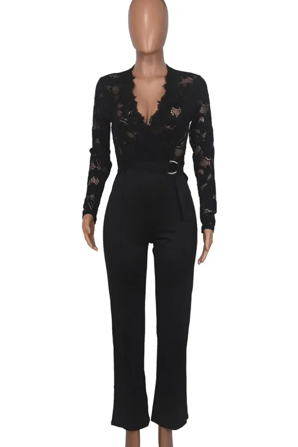Casual Lace See-through With Belt Zipper V Neck Regular Jumpsuits