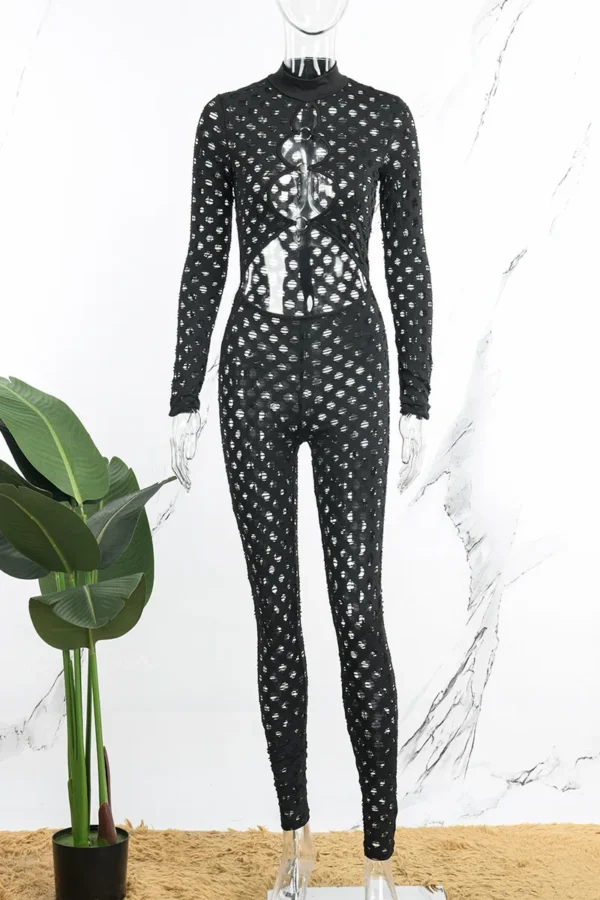 Black Sexy Hollowed Out O Neck Skinny Jumpsuits