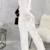 Black Sexy Lace Buckle See-through Contrast Turndown Collar Skinny Jumpsuits