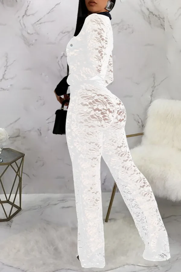 Black Sexy Lace Buckle See-through Contrast Turndown Collar Skinny Jumpsuits