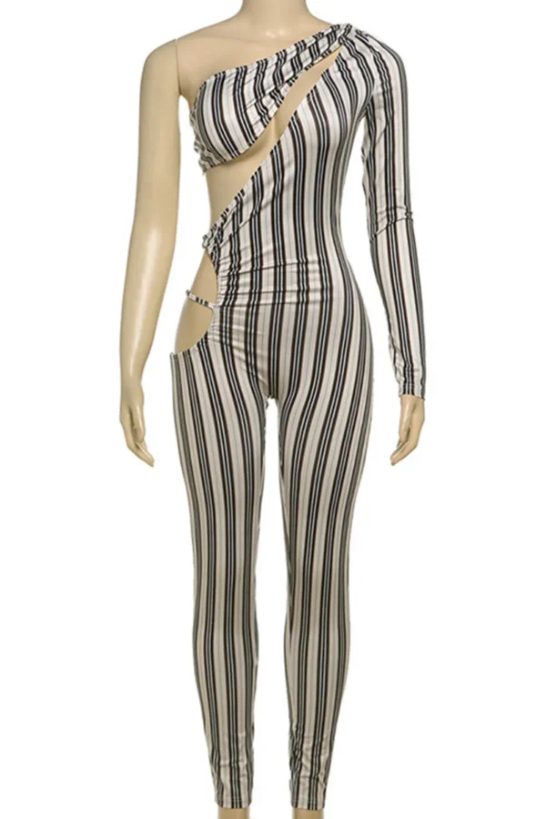 Khaki Casual Stripe Hollow Out Asymmetrical Collar Skinny Jumpsuits