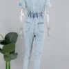 Blue Sweet Pocket Frenulum Buckle Turndown Collar Regular Jumpsuits