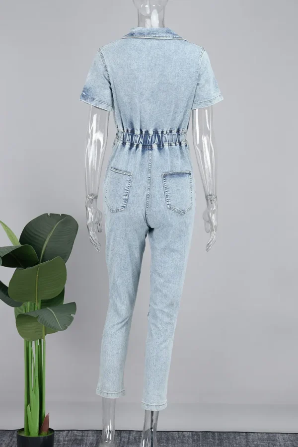 Blue Sweet Pocket Frenulum Buckle Turndown Collar Regular Jumpsuits