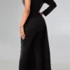 Black Elegant Sequins Zipper V Neck Regular Jumpsuits