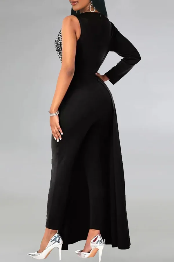 Black Elegant Sequins Zipper V Neck Regular Jumpsuits