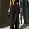 Black Casual Hollow Out Flower Shape Halter Regular Jumpsuits