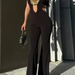 Black Casual Hollow Out Flower Shape Halter Regular Jumpsuits