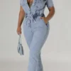 Blue Sweet Pocket Frenulum Buckle Turndown Collar Regular Jumpsuits
