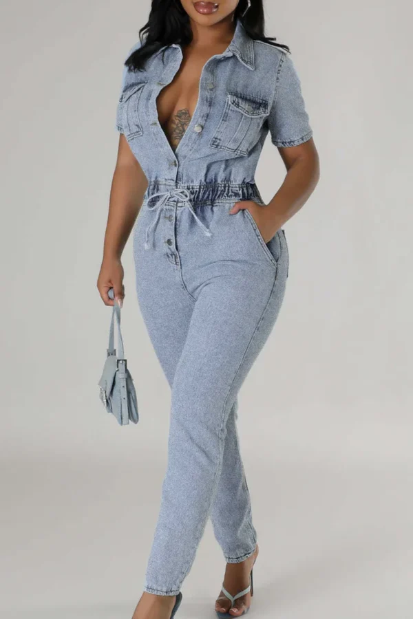 Blue Sweet Pocket Frenulum Buckle Turndown Collar Regular Jumpsuits