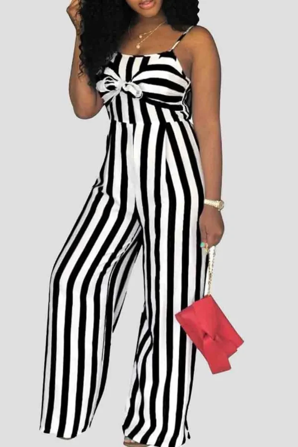 Casual Bow Decor Stripe Backless Loose Vacation Wide Leg Jumpsuits