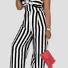 Casual Bow Decor Stripe Backless Loose Vacation Wide Leg Jumpsuits
