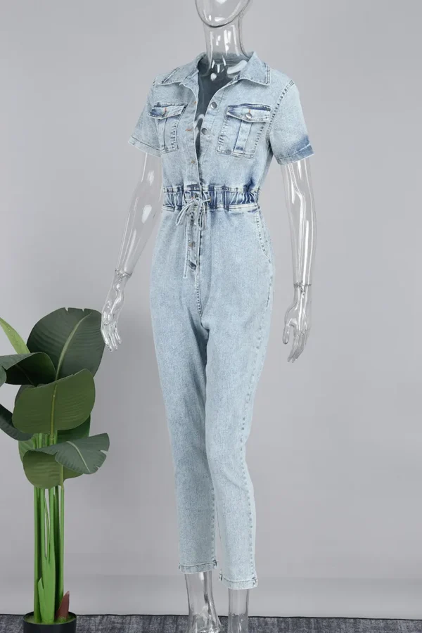 Blue Sweet Pocket Frenulum Buckle Turndown Collar Regular Jumpsuits