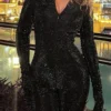Black Casual Sequins Zipper Collar Skinny Jumpsuits