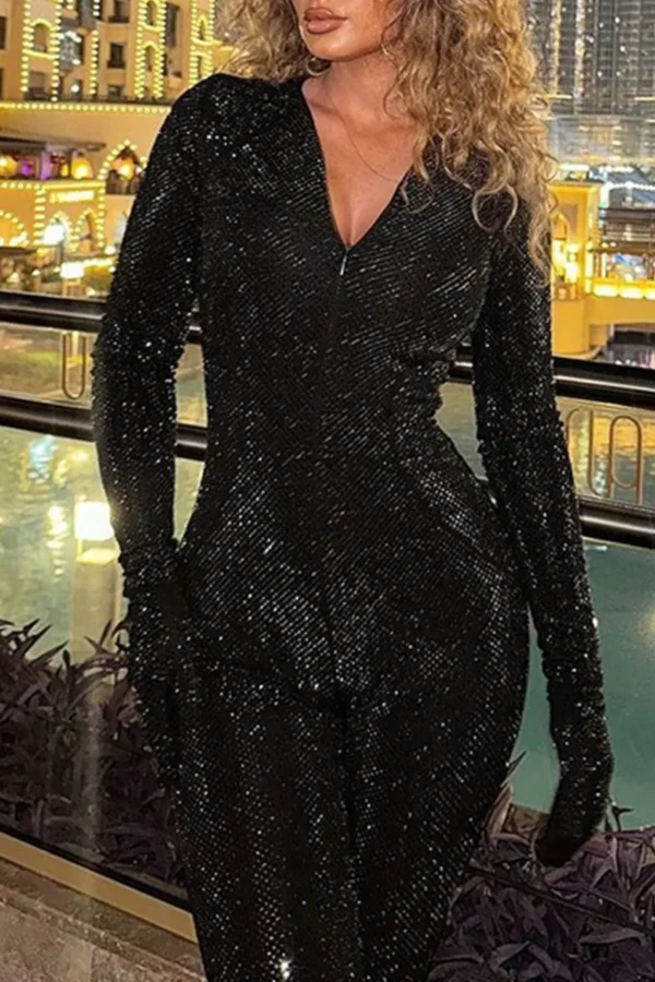 Black Casual Sequins Zipper Collar Skinny Jumpsuits