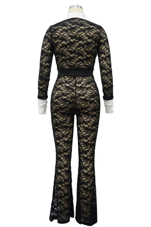 Black Sexy Lace Buckle See-through Contrast Turndown Collar Skinny Jumpsuits