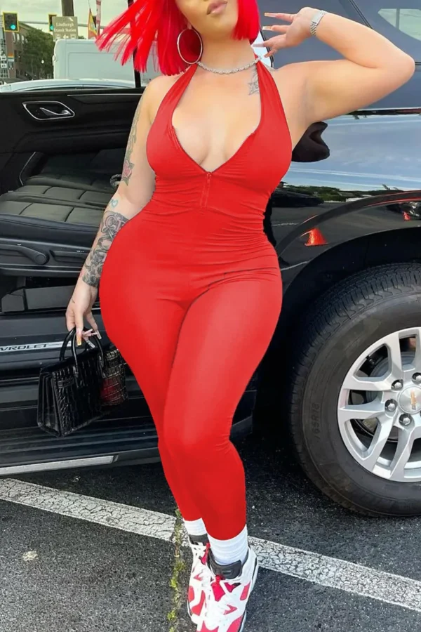 Casual Zipper Halter Skinny Jumpsuits