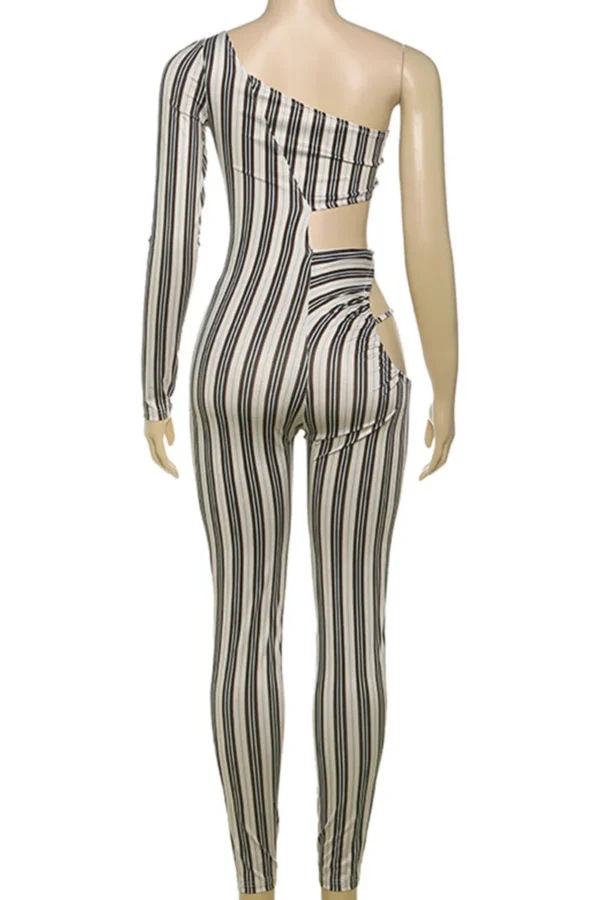 Khaki Casual Stripe Hollow Out Asymmetrical Collar Skinny Jumpsuits