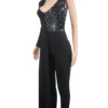 Black Elegant Sequins Zipper V Neck Regular Jumpsuits