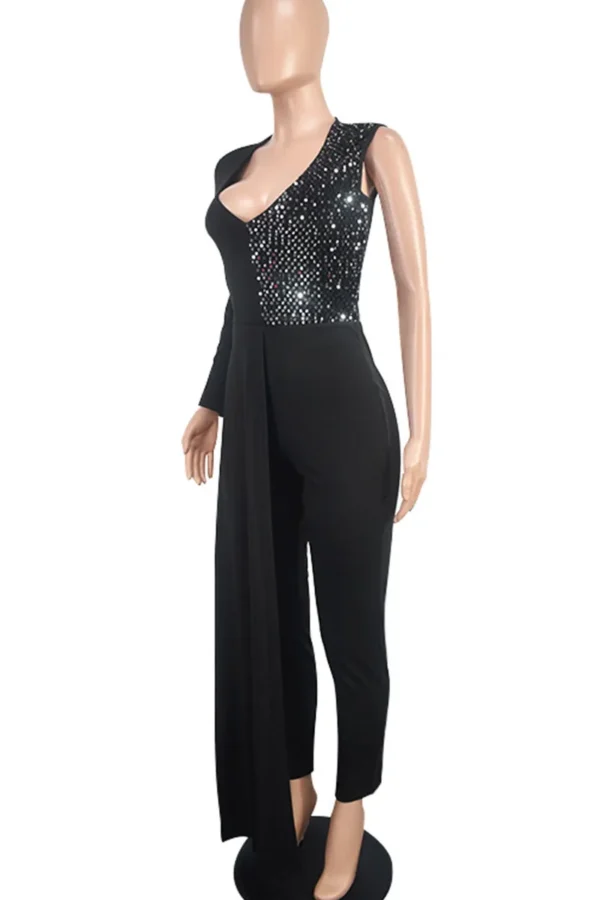 Black Elegant Sequins Zipper V Neck Regular Jumpsuits