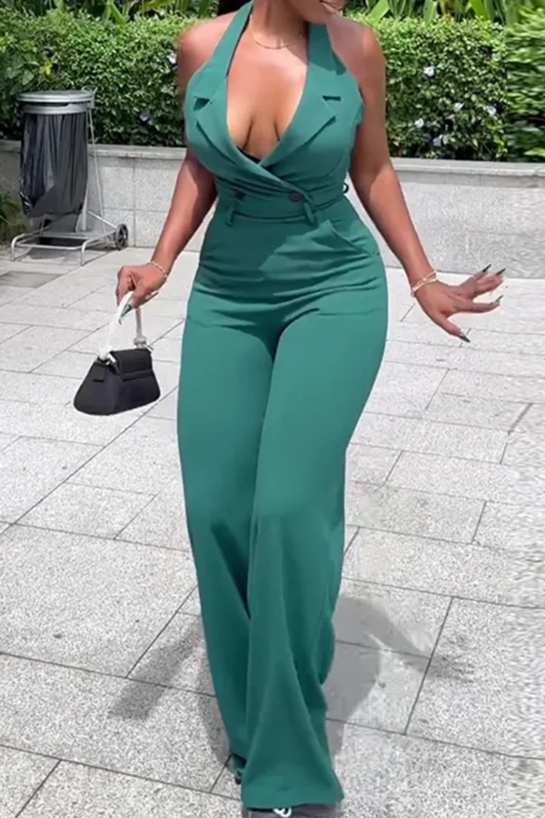 Sweet Buttons V Neck Regular Jumpsuits