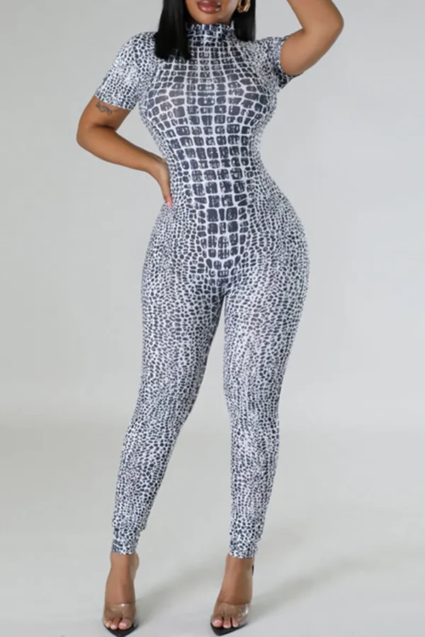 Black Casual Zipper O Neck Skinny Jumpsuits