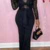 Black Sexy Elegant Lace Flounce With Belt Regular Jumpsuits