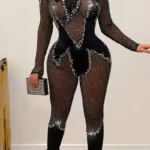 Black Sexy Hot Drilling See-through Mesh O Neck Skinny Jumpsuits