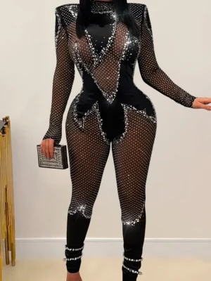 Black Sexy Hot Drilling See-through Mesh O Neck Skinny Jumpsuits