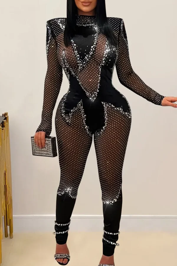 Black Sexy Hot Drilling See-through Mesh O Neck Skinny Jumpsuits
