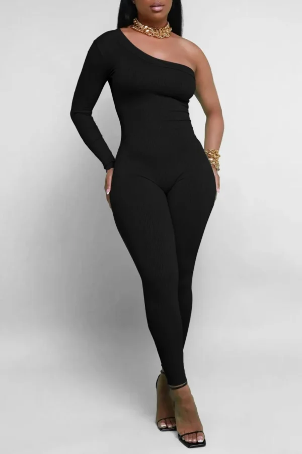 Casual Backless Oblique Collar Skinny Jumpsuit