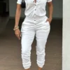 Casual Pocket Buckle Turndown Collar Long Sleeve Vacation Jumpsuits