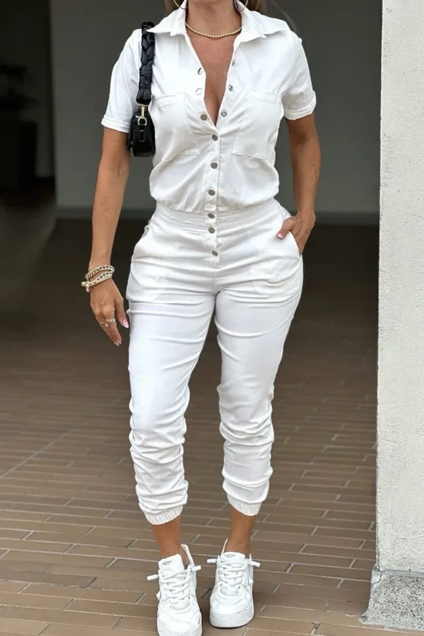 Casual Pocket Buckle Turndown Collar Long Sleeve Vacation Jumpsuits