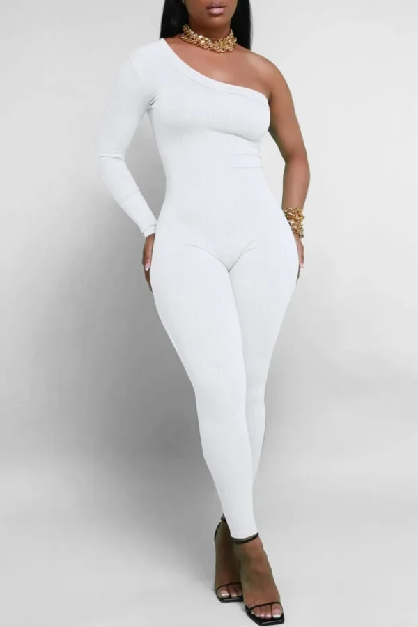 Casual Backless Oblique Collar Skinny Jumpsuit