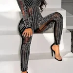 Sexy Round Neck See-Through Hot Drill Jumpsuits(Without Lining)
