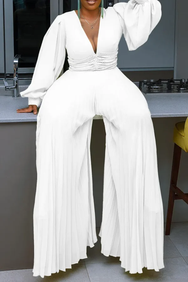 Deep V Neck Lantern Sleeve Ruched Formal Party Loose Wide Leg Jumpsuit