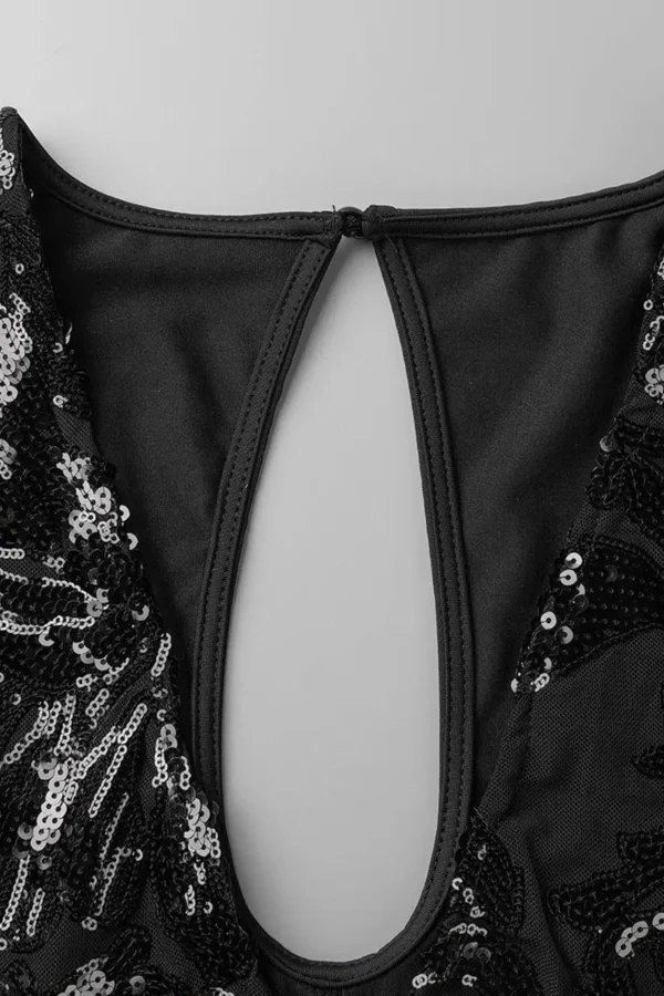 Black Sexy Hollowed Out Sequins See-through V Neck Skinny Jumpsuit