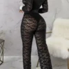 Black Sexy Lace Buckle See-through Contrast Turndown Collar Skinny Jumpsuits
