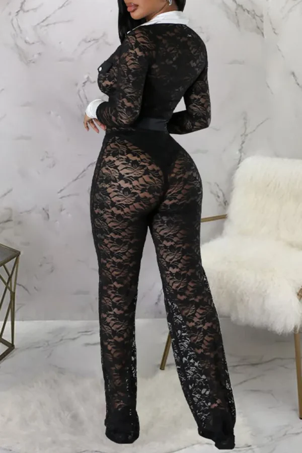 Black Sexy Lace Buckle See-through Contrast Turndown Collar Skinny Jumpsuits