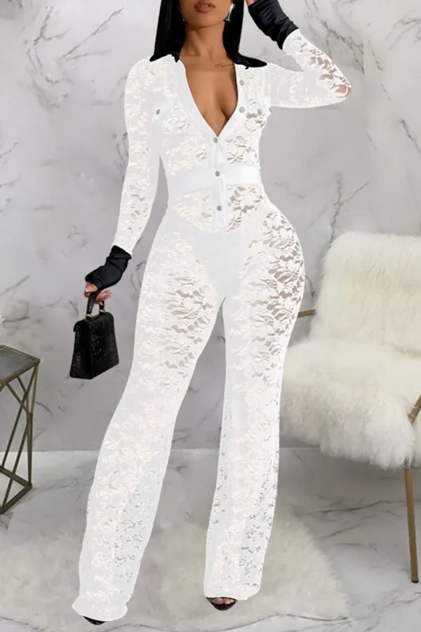 Black Sexy Lace Buckle See-through Contrast Turndown Collar Skinny Jumpsuits