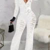 Black Sexy Lace Buckle See-through Contrast Turndown Collar Skinny Jumpsuits