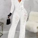 Black Sexy Lace Buckle See-through Contrast Turndown Collar Skinny Jumpsuits