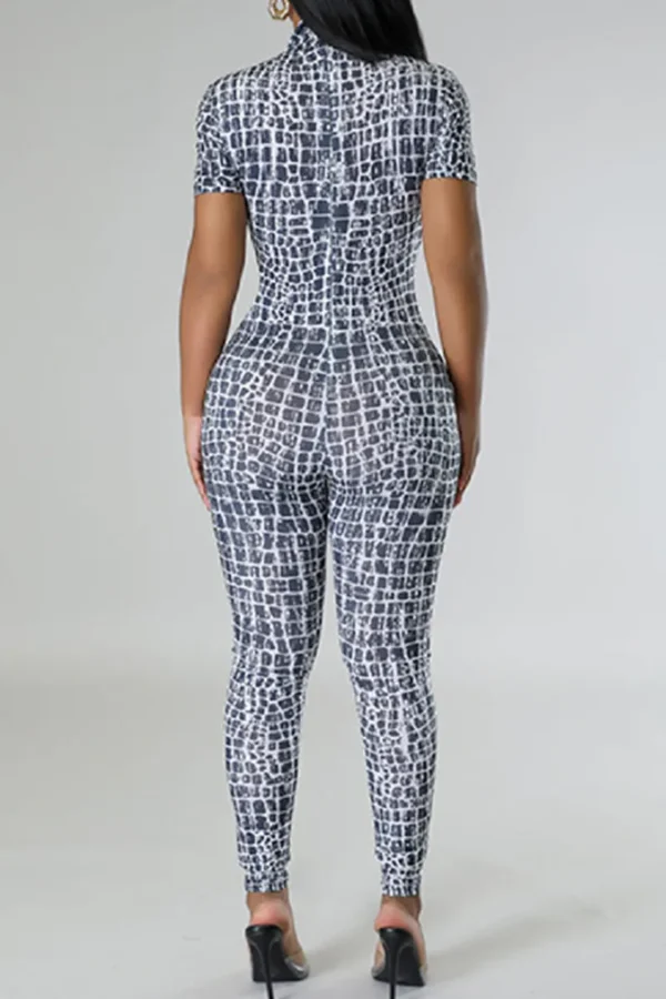 Black Casual Zipper O Neck Skinny Jumpsuits