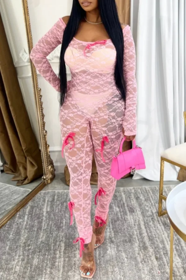 Sexy Hot See-Through Bow Decor O Neck Skinny Jumpsuits