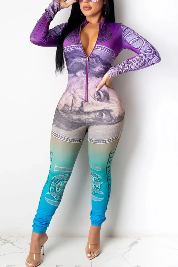 purple Fashion Casual O Neck Skinny Jumpsuits