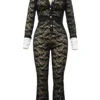 Black Sexy Lace Buckle See-through Contrast Turndown Collar Skinny Jumpsuits